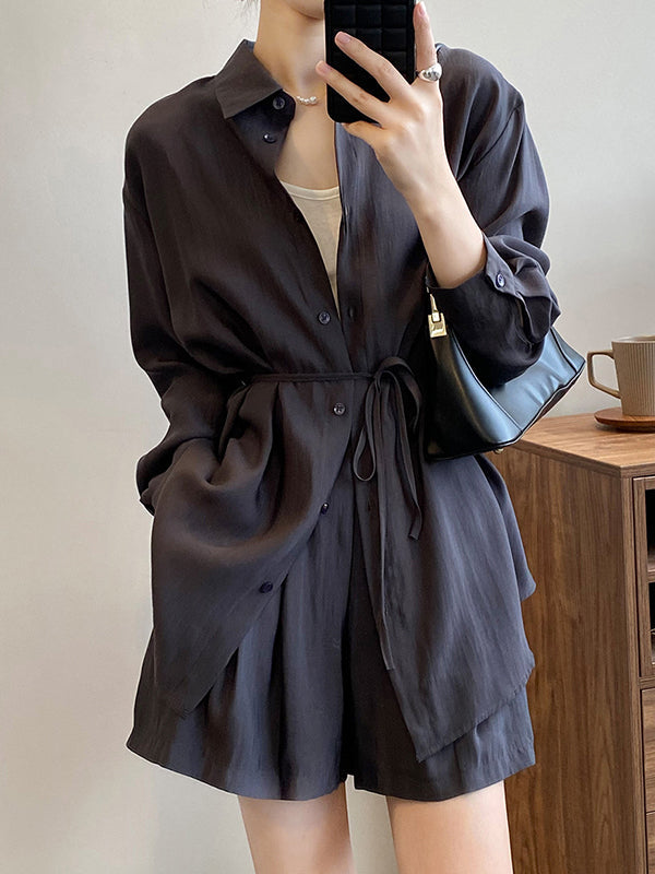 Loose Solid Color Long Sleeves Blouse + Pleated Shorts Two Pieces Set