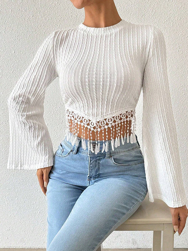 Solid Color Split-Joint Tasseled Flared Sleeves Long Sleeves Round-neck T-Shirts Tops