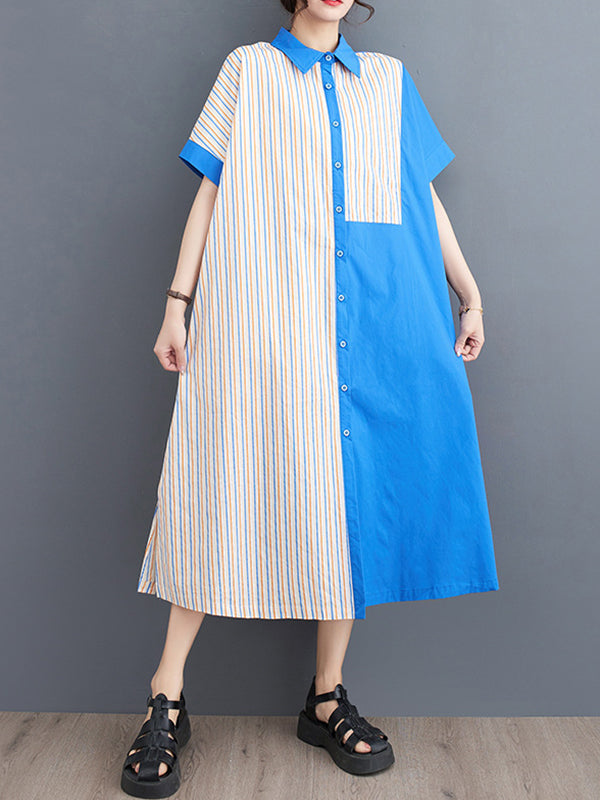 Asymmetric Split-Joint Striped Loose Short Sleeves Lapel Shirt Dress Midi Dresses