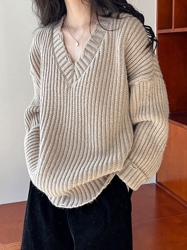 Hollow Solid Color Long Sleeves Loose V-Neck Sweater Tops Pullovers