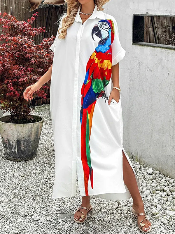 Animal Printed Buttoned Split-side Half Sleeves High-low Lapel Shirt Dress Maxi Dresses