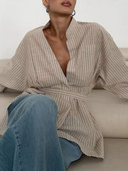 Pleated Split-Toe Striped Loose Puff Sleeves V-neck Blouses&shirts Tops