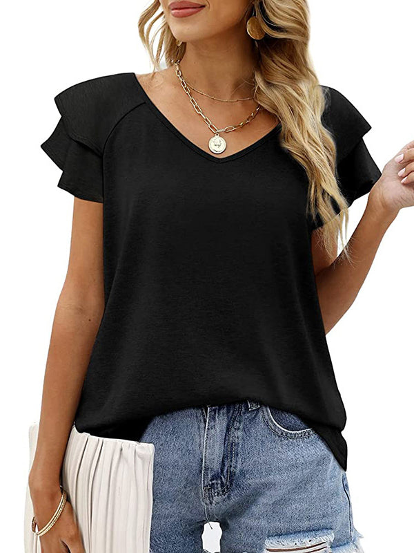 Double Layered Solid Color Split-Joint Loose Ruffle Sleeves Round-Neck T-Shirts Tops