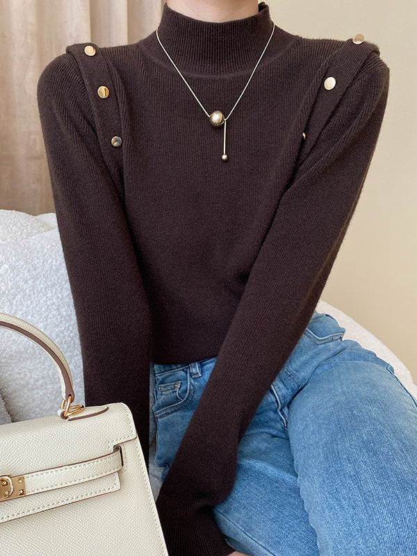 Buttoned Split-Joint Long Sleeves High-Neck Sweater Tops