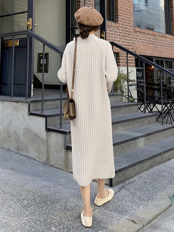 Urban Loose Long Sleeves Solid Color High-Neck Sweater Dresses