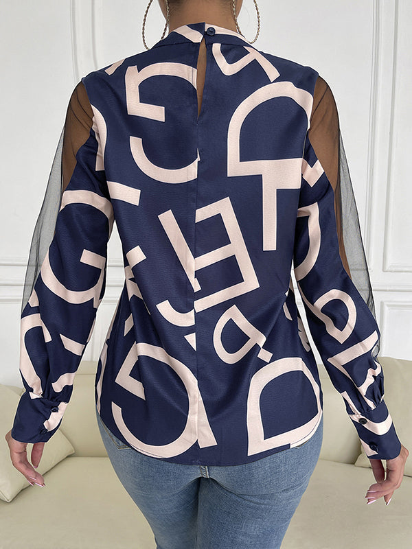 Buttoned Hollow Letter Print See-Through Split-Joint Long Sleeves Round-neck Shirts Tops Blouses&shirts Tops
