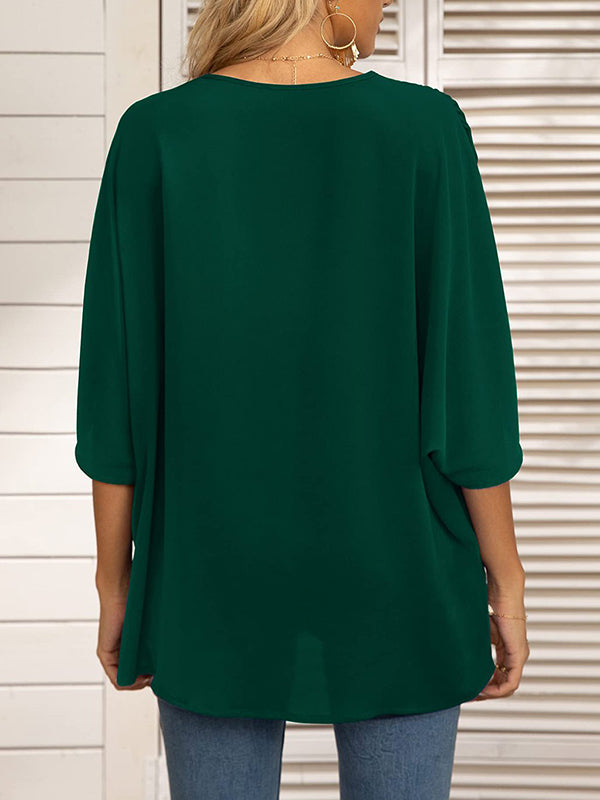 Split-Joint Batwing Sleeves Loose V-neck Blouses&shirts Tops