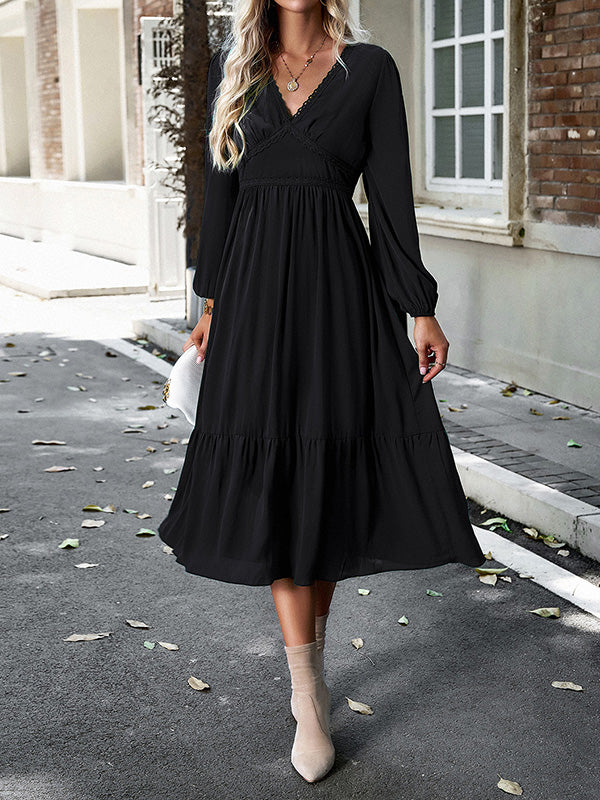 Pleated Solid Color Split-Joint A-Line High Waisted V-Neck Midi Dresses