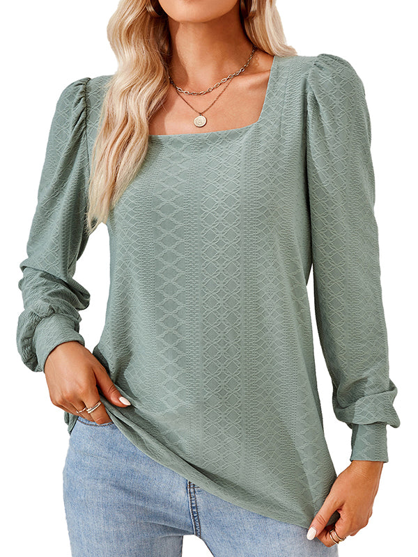 Jacquard Solid Color Loose Square-neck T-Shirts Tops