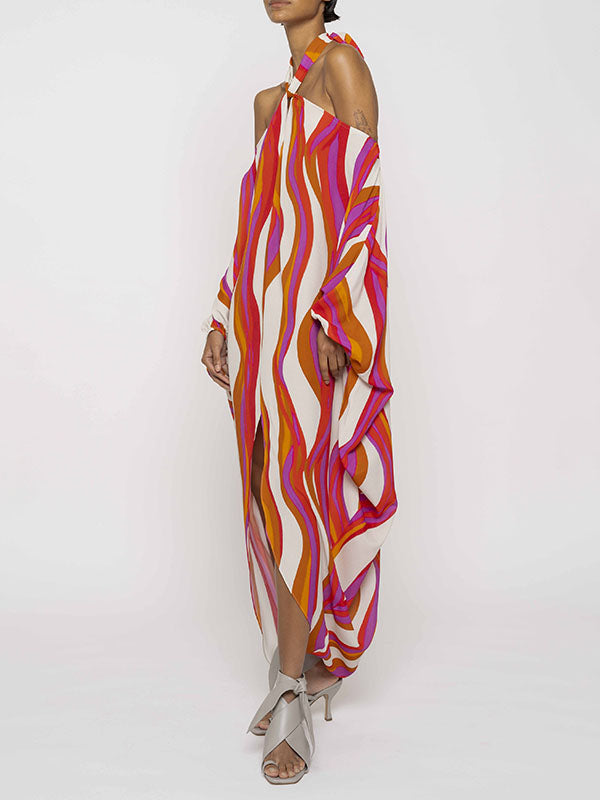 Irregular Clipping Printed Split-Front Halter-Neck Maxi Dresses