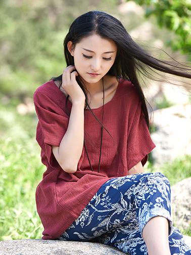Round-neck Linen Cotton Half Sleeves Tops