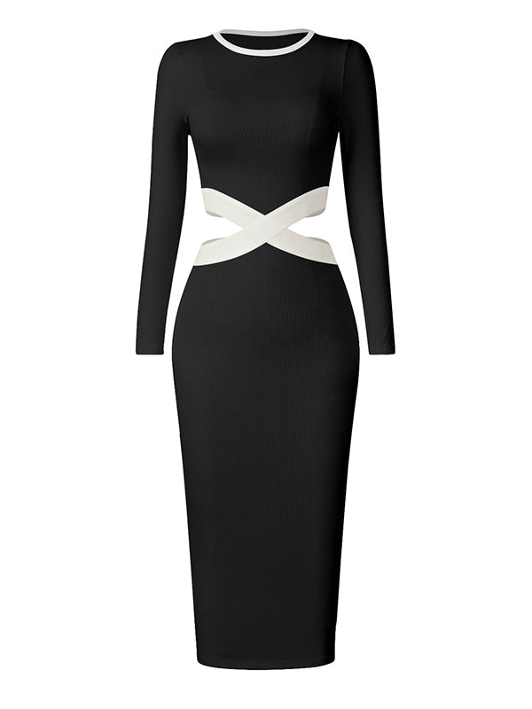 Hollow High Waisted Long Sleeves Round-Neck Midi Dresses