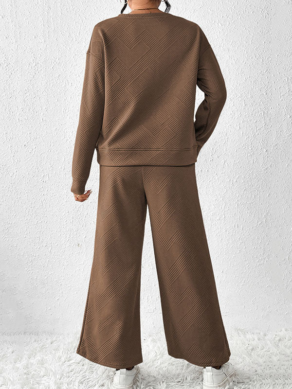 Round-Neck Long Sleeves Loose Solid Color Shirts Top + Drawstring Pants Bottom Two Pieces Set