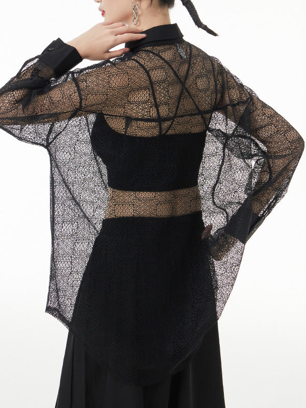 Lacy See-Through Solid Color Long Sleeves Loose Lapel Blouses&shirts Tops