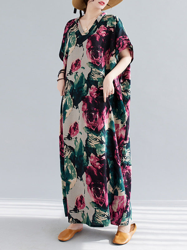 Artistic Retro Short Sleeves Loose Floral Printed Contrast Color V-Neck Maxi Dresses