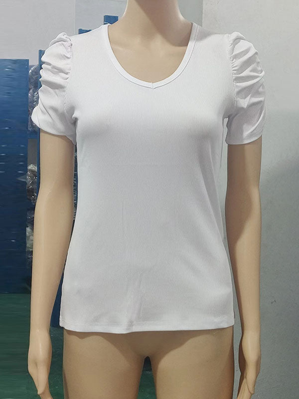Solid Color Puff Sleeves Short Sleeves V-Neck T-Shirts