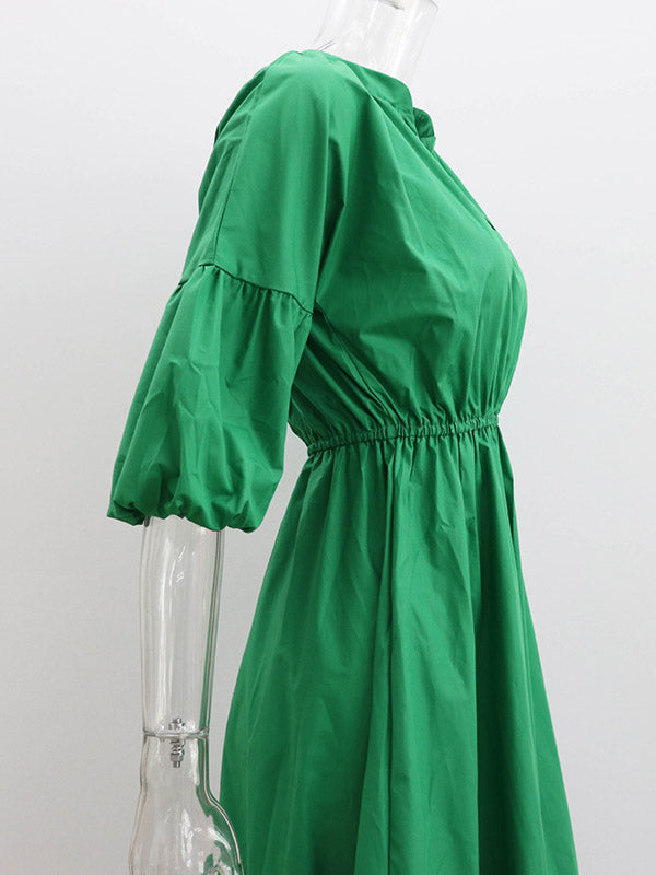 Elasticity Pleated Solid Color A-Line Half Sleeves V-Neck Midi Dresses