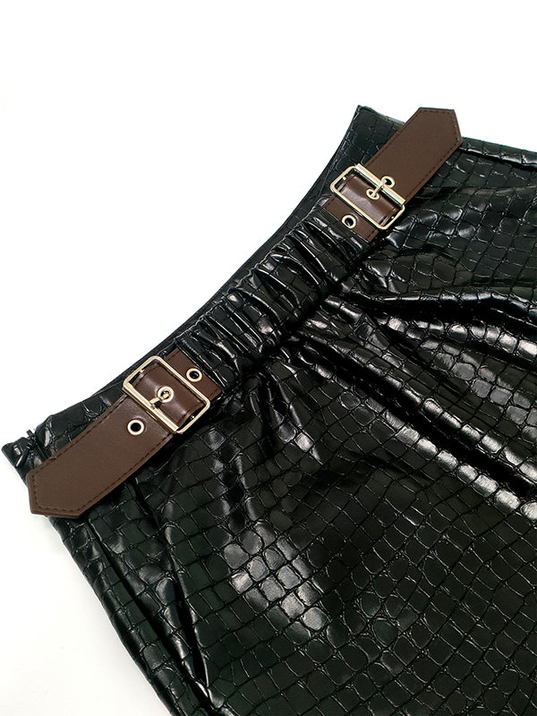Loose Wide Leg Crocodile Texture Leather Loop Pants