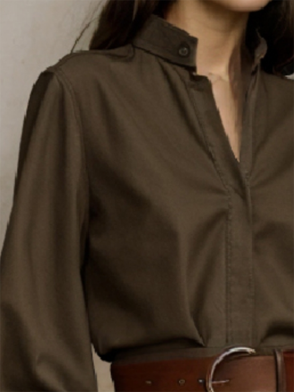Buttoned Solid Color Split-Joint Long Sleeves Loose Stand Collar Blouses&shirts Tops