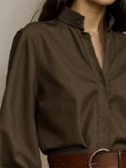 Buttoned Solid Color Split-Joint Long Sleeves Loose Stand Collar Blouses&shirts Tops