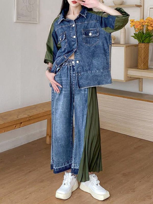 Contrast Color Pleated Split-Joint Loose Ninth Pants Jean Pants Bottoms