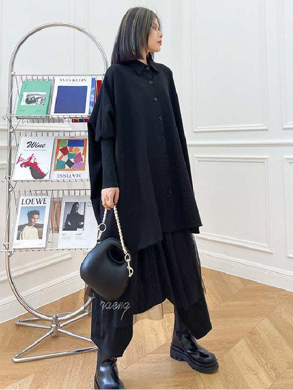 Simple Loose Batwing Sleeves Split-Joint Solid Color Lapel Blouses
