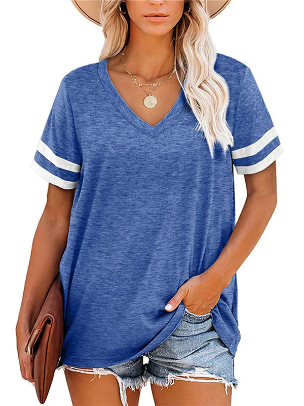 Contrast Color Striped Loose Short Sleeves V-Neck T-Shirts
