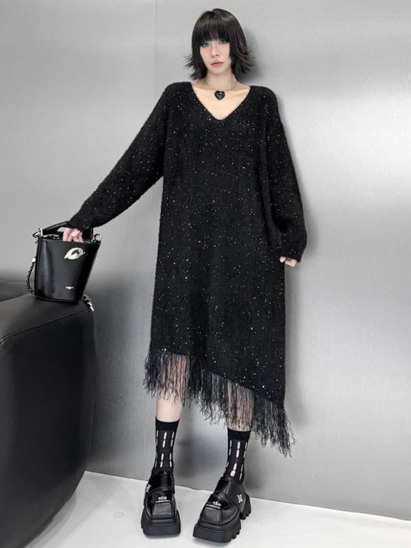 Contrast Color Sequined Shiny Split-Joint Tasseled Irregularity Long Sleeves V-Neck Sweater Dresses Midi Dresses
