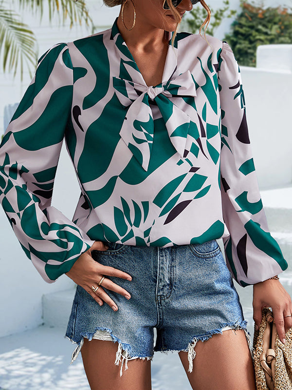 Elasticity Printed Tied Bishop Sleeve Long Sleeves V-Neck Blouses&Shirts Tops