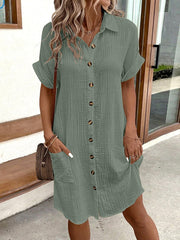Buttoned Pockets Loose Short Sleeves Lapel Mini Dresses