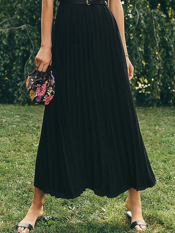 Pleated Solid Color Split-Joint A-line Loose V-neck Maxi Dresses