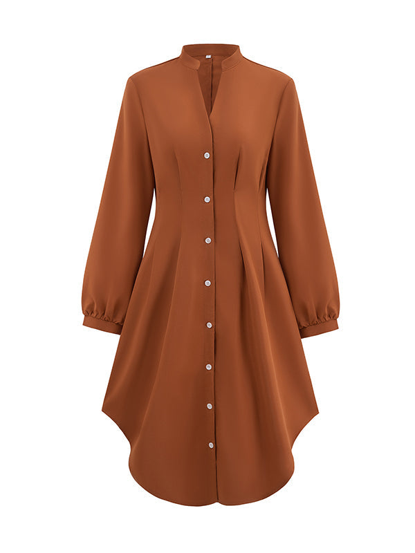 Buttoned No Belt Pleated Solid Color Long Sleeves Loose V-neck Shirt Dress Midi Dresses
