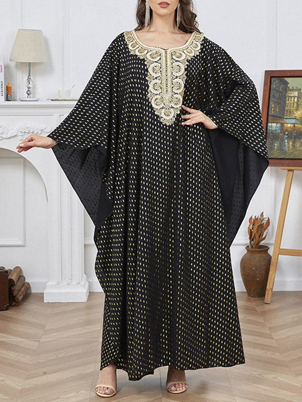 Bronzing Split-Joint Split-Side Batwing Sleeves Long Sleeves V-Neck Robes Maxi Dresses