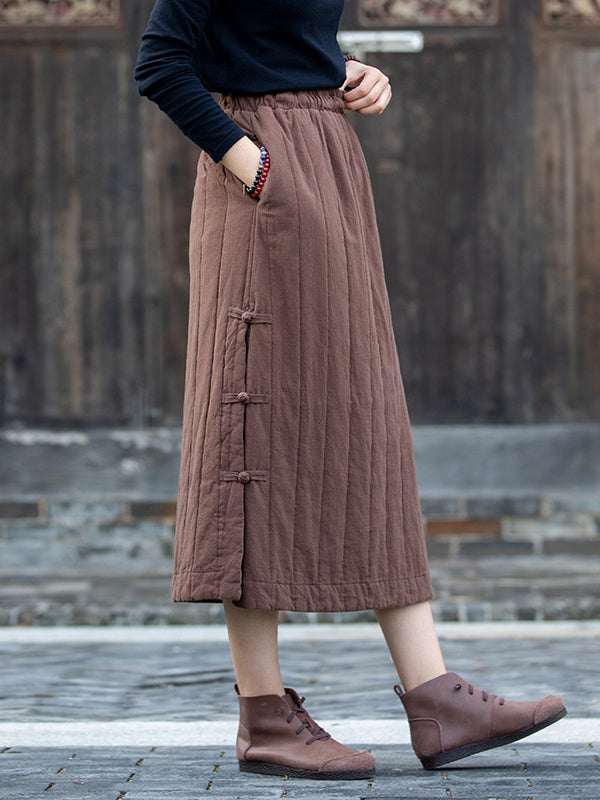 Elasticity Quilted Split-Joint Split-Side Tied Waist Velvet A-Line Skirts Bottoms