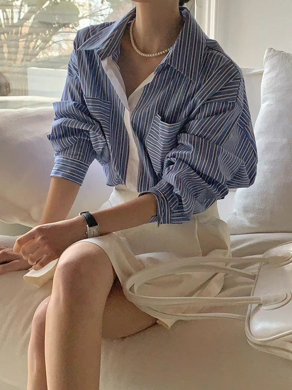 Buttoned Contrast Color Pockets Striped Long Sleeves Loose Lapel Blouses&Shirts Tops