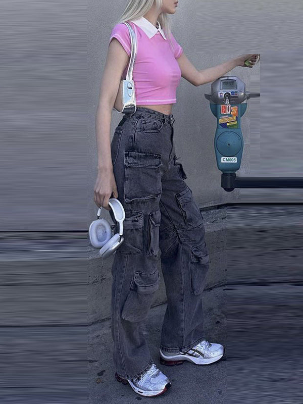 Gradient Pockets Split-Joint High Waisted Loose Jean Pants Bottoms