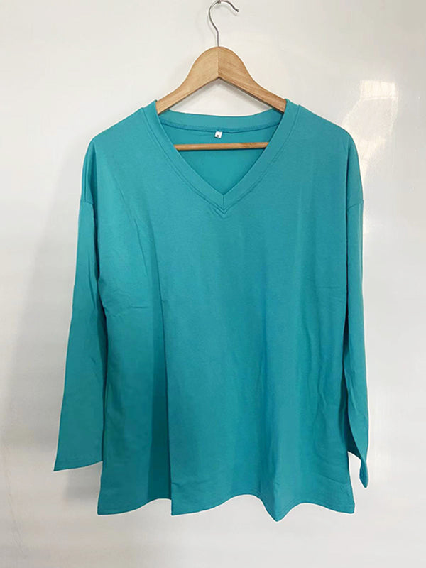 See-Through Solid Color Split-Joint Long Sleeves Loose V-neck T-shirts
