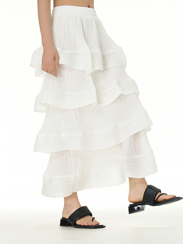 Elasticity Layered Pleated Ruffled Solid Color Loose Skirts Bottoms