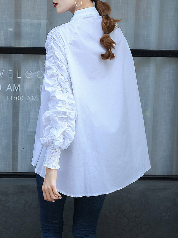 Elasticity Pleated Solid Color Split-Joint High-Low Long Sleeves Round-Neck Blouses