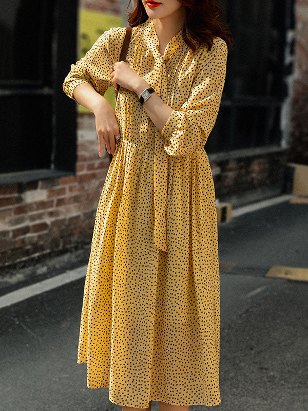 Polka-Dot Tied A-Line High Waisted Mock Neck Midi Dresses