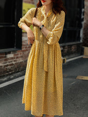 Polka-Dot Tied A-Line High Waisted Mock Neck Midi Dresses