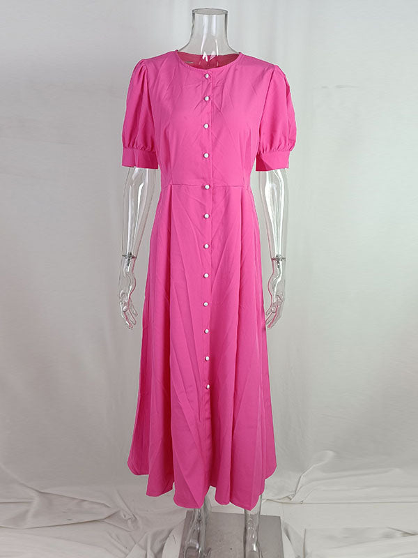 Buttoned High Waisted Loose Round-neck Midi Dresses