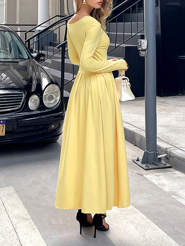Pleated Solid Color Split-Front High Waisted Long Sleeves One-Shoulder Maxi Dresses