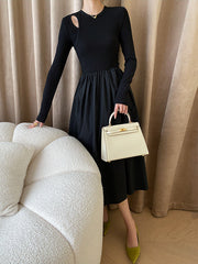 Elasticity Hollow Solid Color Split-Joint A-Line Long Sleeves Round-Neck Midi Dresses