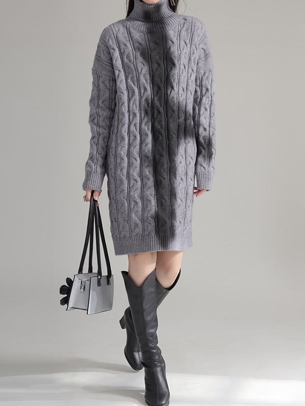Contrast Color Long Sleeves Loose High Neck Sweater Dresses Mini Dresses