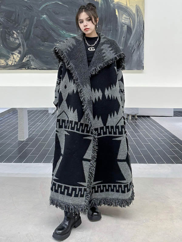 Contrast Color Geometric Split-Joint Tasseled Long Sleeves Loose Lapel Overcoat Outerwear