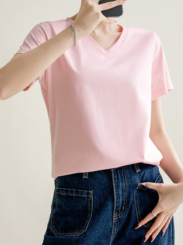 Solid Color Loose Short Sleeves V-Neck T-Shirts Tops