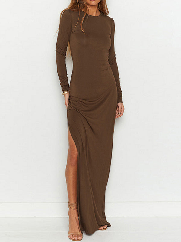Backless Hollow Solid Color Split-Side Bodycon Long Sleeves Round-Neck Maxi Dresses