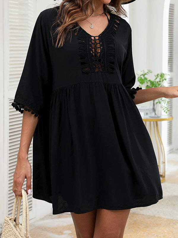 Hollow Solid Color Tasseled Half Sleeves Loose V-Neck Mini Dresses Cover-Up