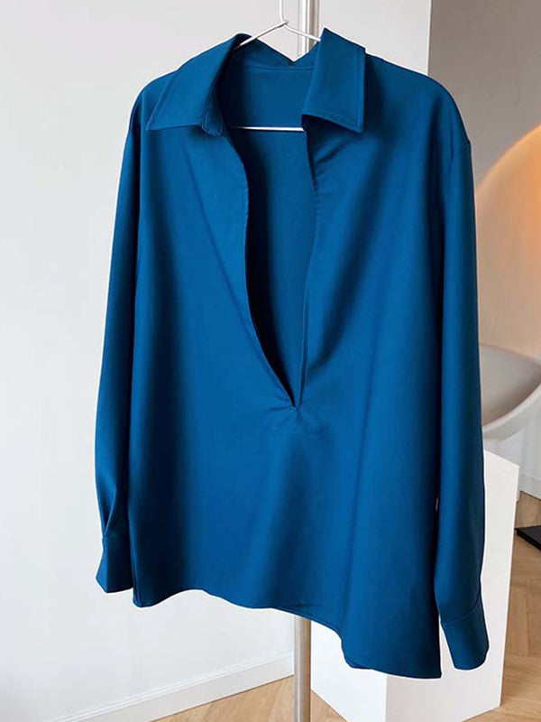 Solid Color Long Sleeves Loose Lapel Blouses